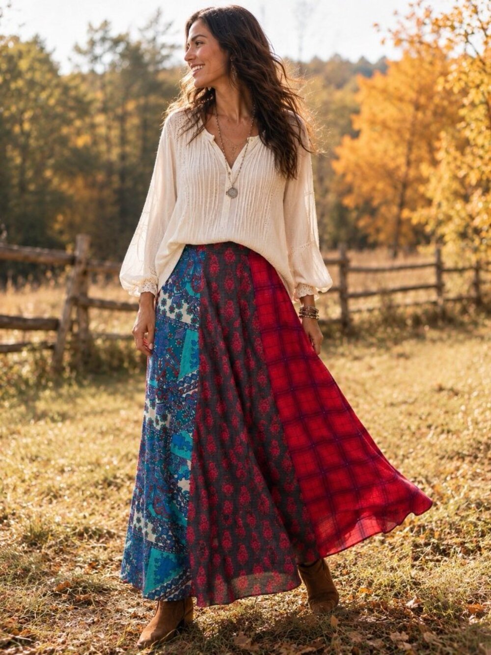 Natural Life Womens Valentina Maxi Skirt Sz Large Boho Plaid Paisley Red Teal - Picture 2 of 6